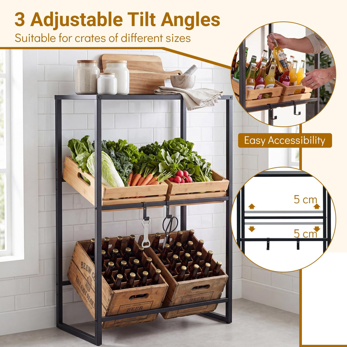 Giantex 3-Tier Drink Crate Shelf, Heavy-duty Metal Storage Rack with 2 Hanging Hooks
