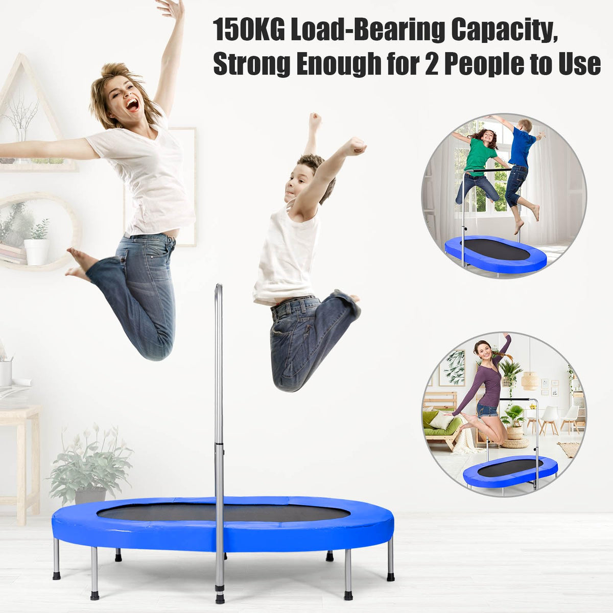 Double Trampoline for 2 People with Adjustable Handrail and Safety Pad
