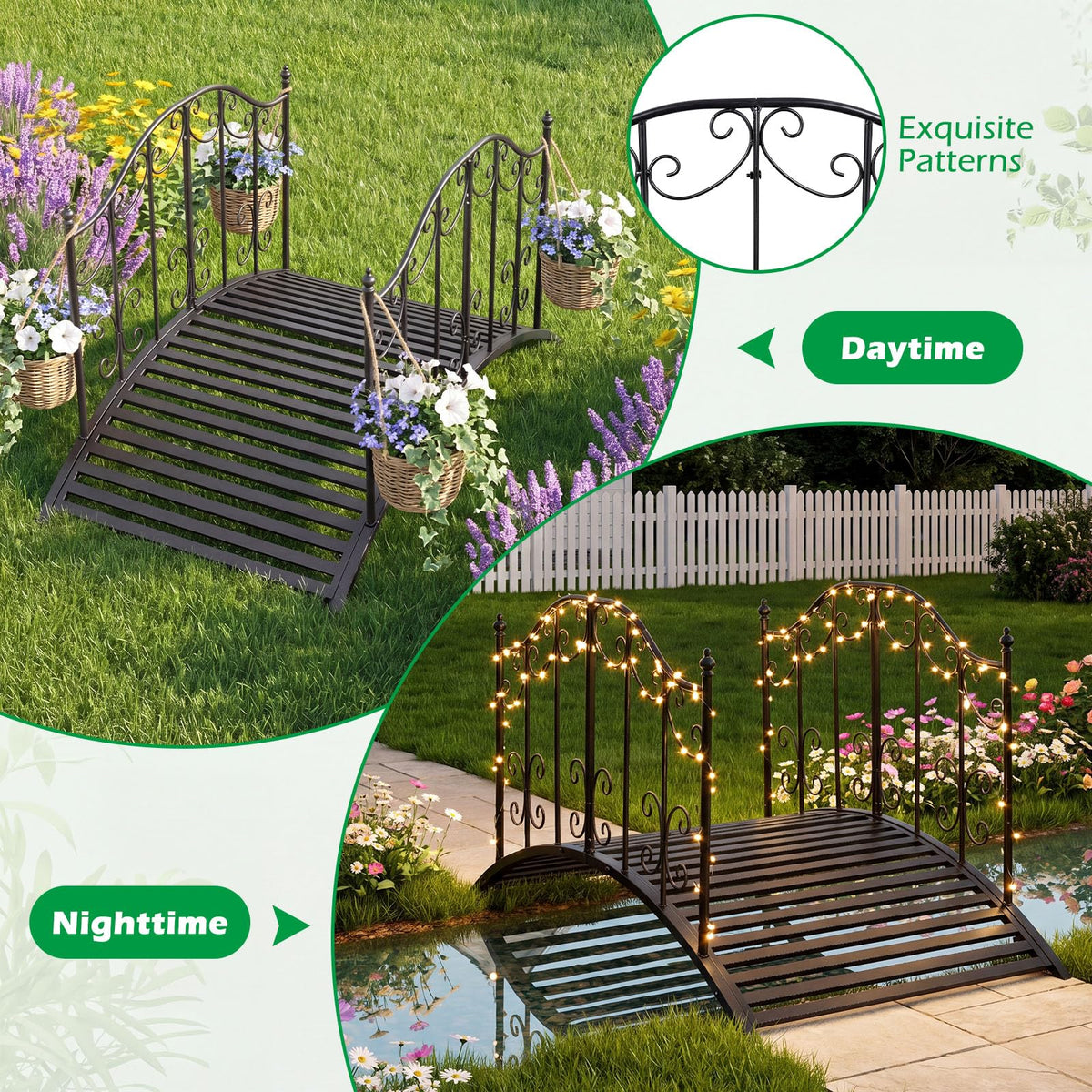 Garden Metal Bridge with Handrails, Outdoor Arched Bridge w/Dual Patterned Side Rails