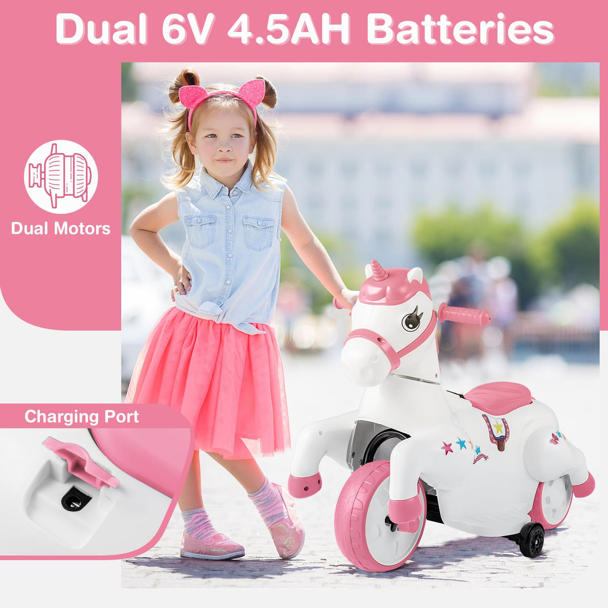 12V Unicorn Ride on Toy, Kids Ride on Car Pony with Training Wheels