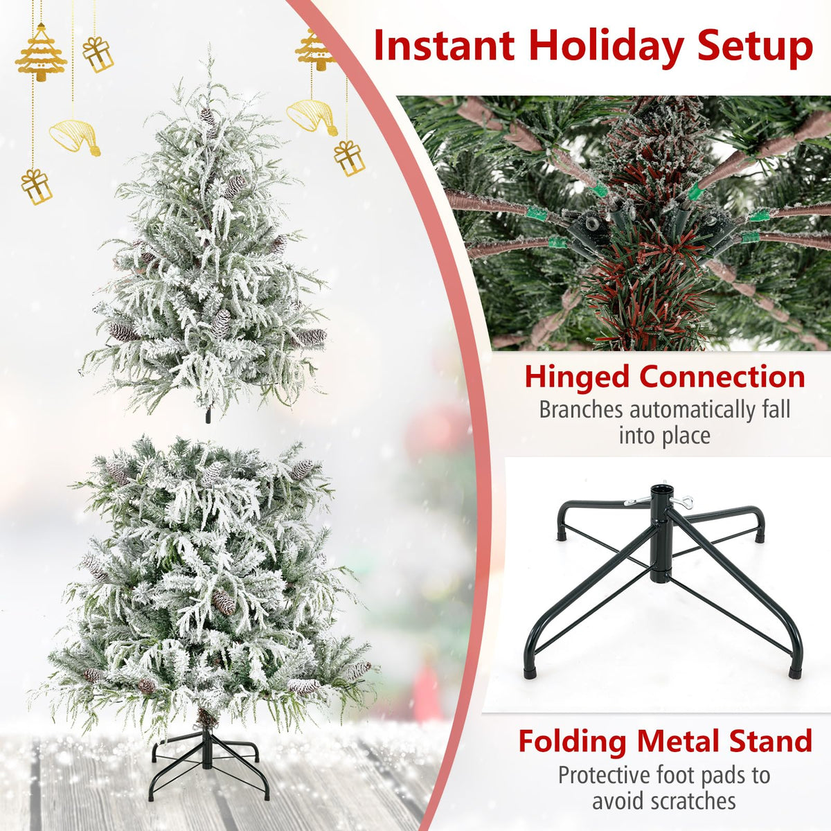 150/180cm Flocked Christmas Tree, Pre-Lit, Hinged
