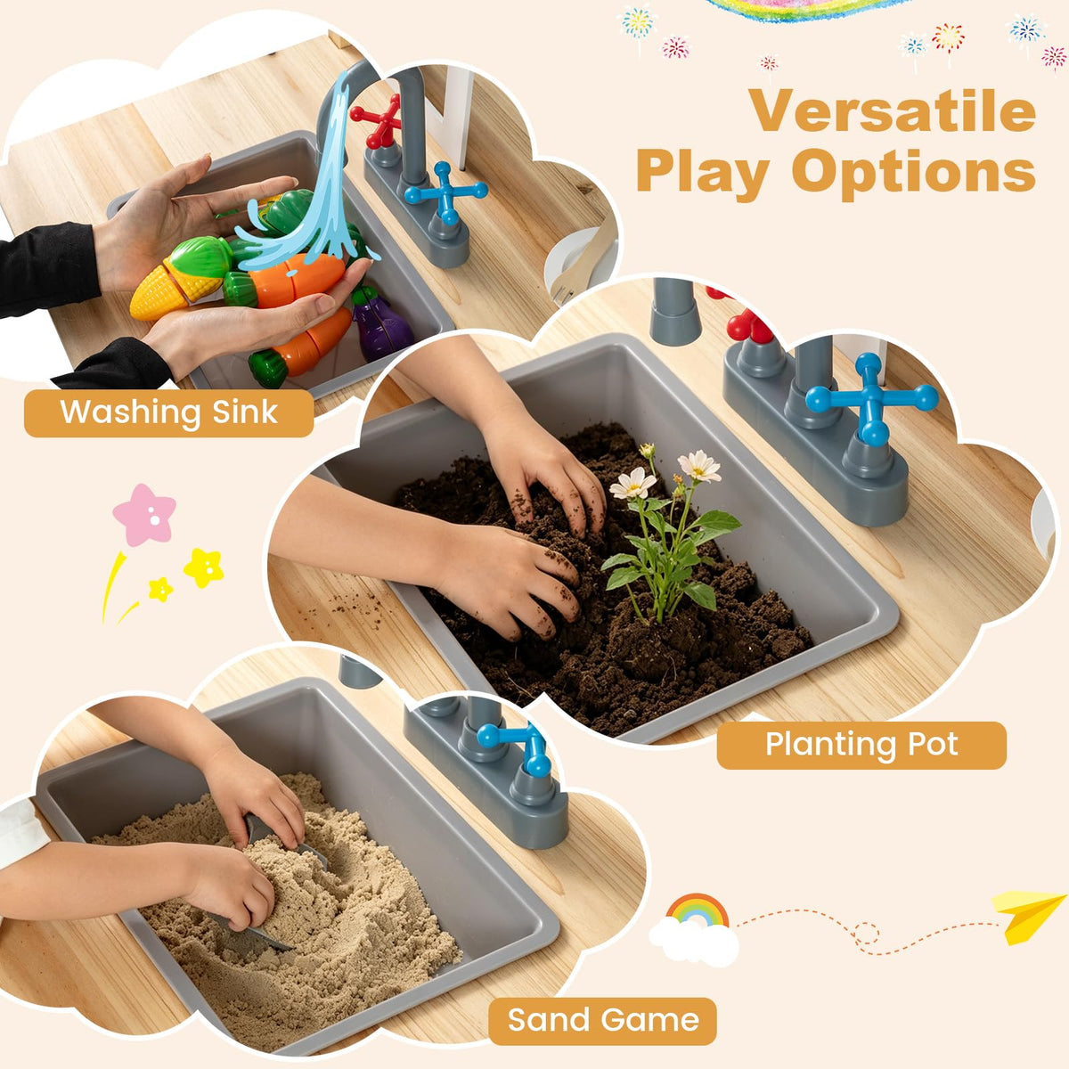 Outdoor Mud Kitchen with Stoves & Sink and Chalkboard for Kids