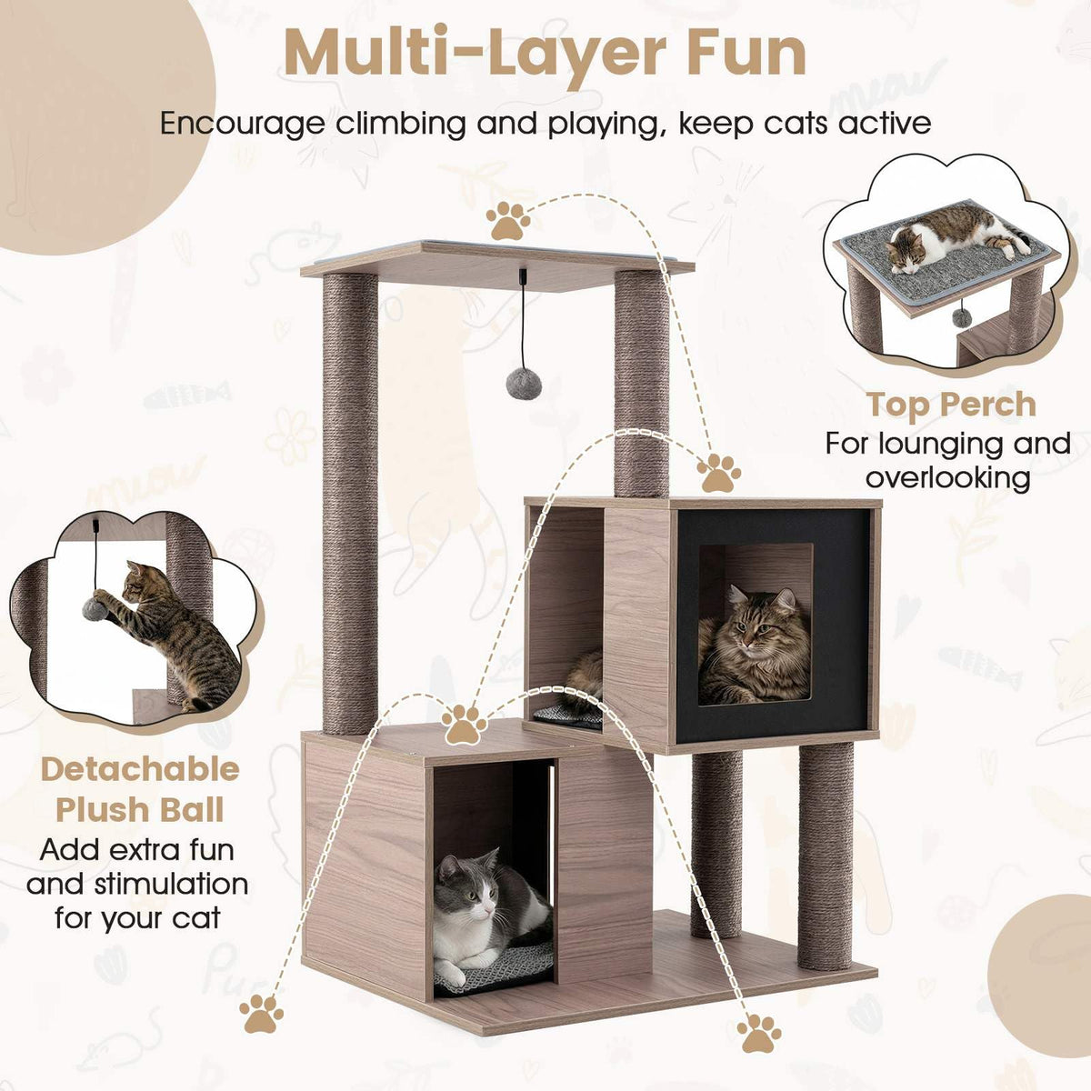Modern Cat Tree with Sisal Scratching Posts and Removable Cushions