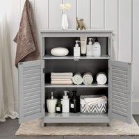 Bathroom Floor Cabinet, Wooden Storage Cabinet with Double Shutter Door & Adjustable Shelf