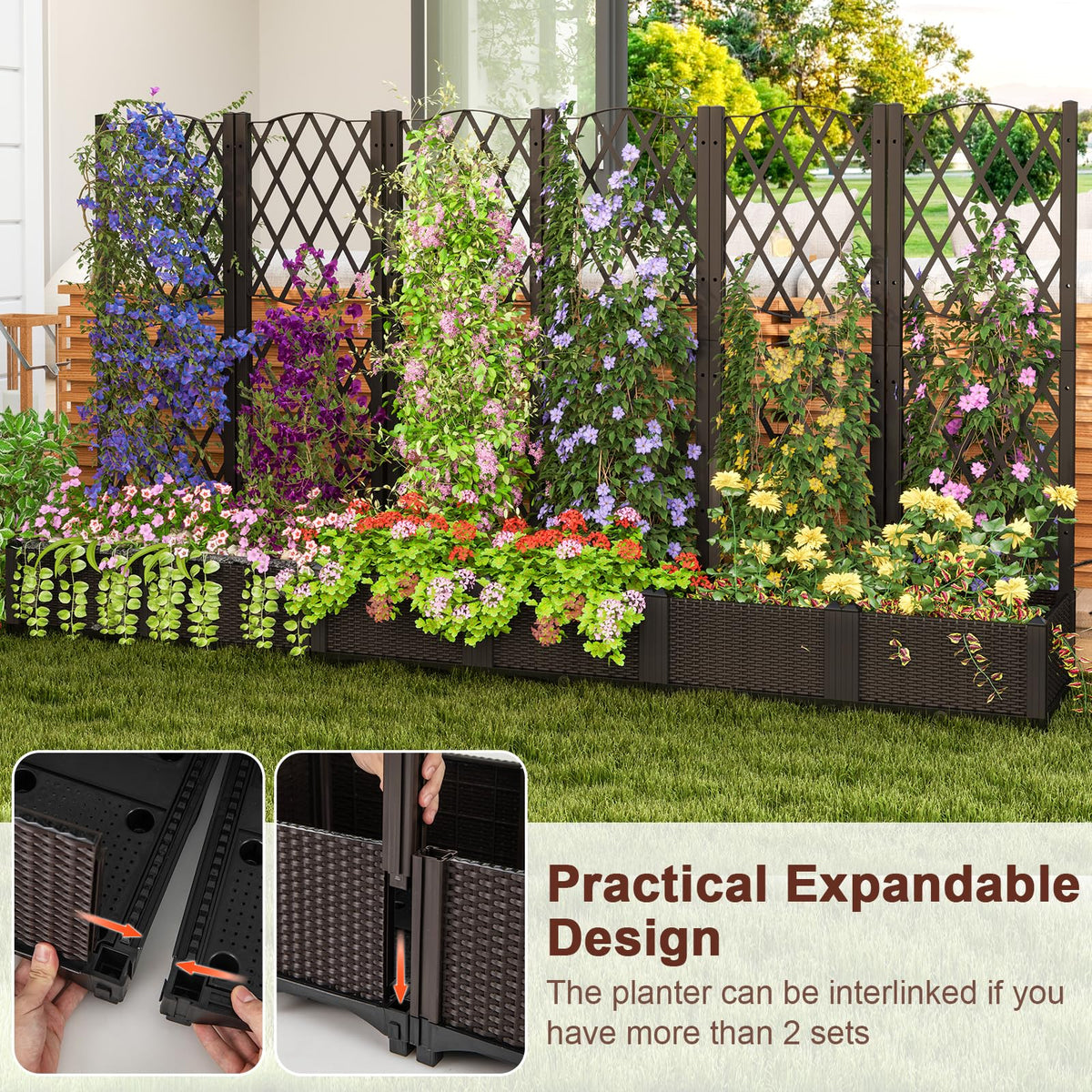 Raised Garden Bed with Trellis Double Planter Box for Climbing Plants