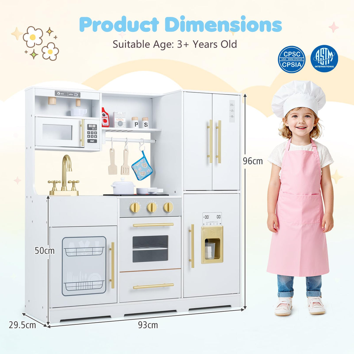 Wooden Play Kitchen with Lights & Sounds and Sink Stove Oven for Kids Ages 3+