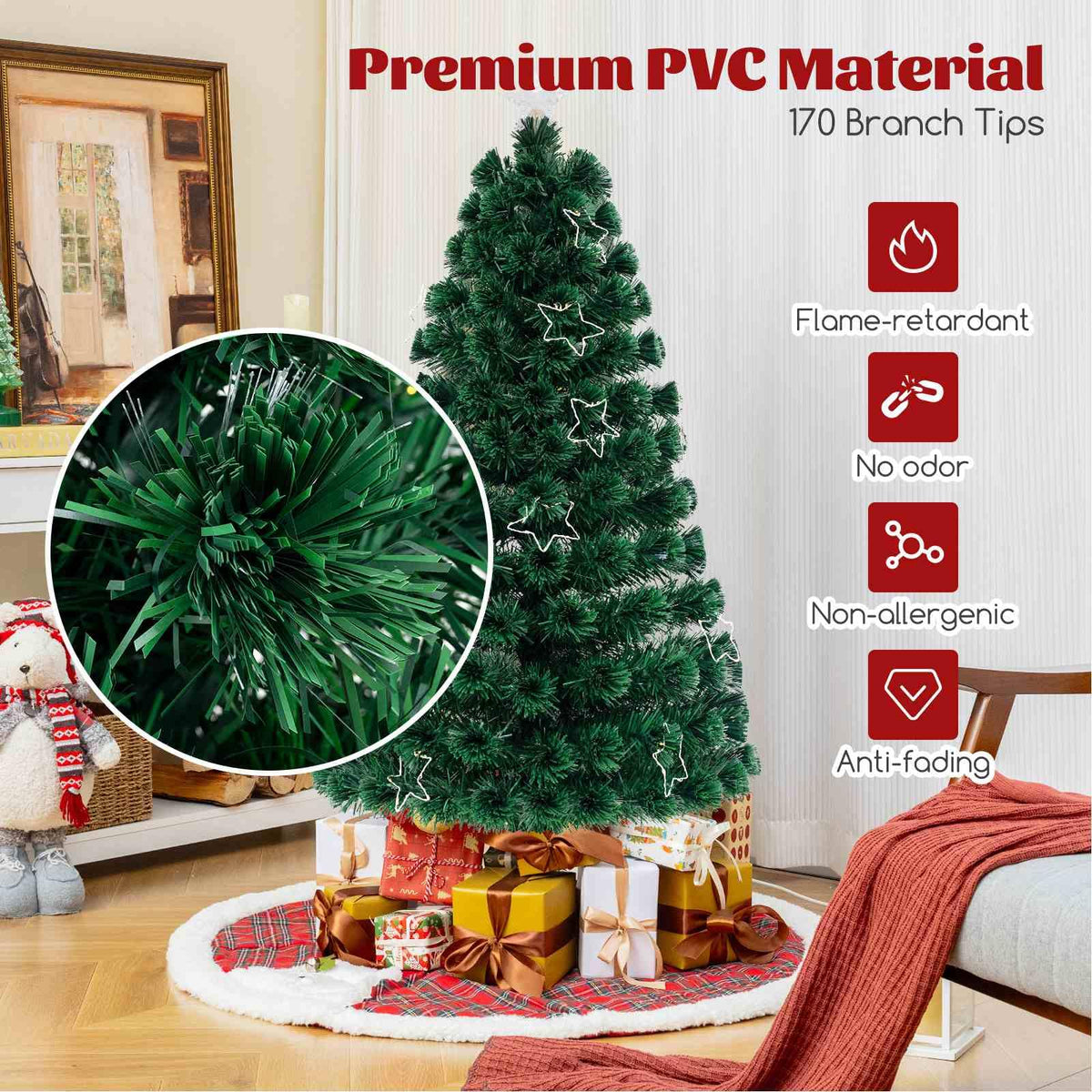 Pre-Lit Artificial 1.5M 1.8M Optical Fiber Christmas Tree with Star String Lights