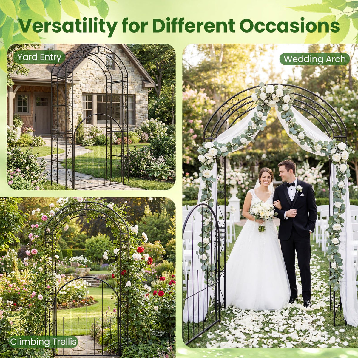 84'' Garden Arbor with Gate, Heavy-Duty Metal Arch Trellis for Climbing Plants Vines Roses