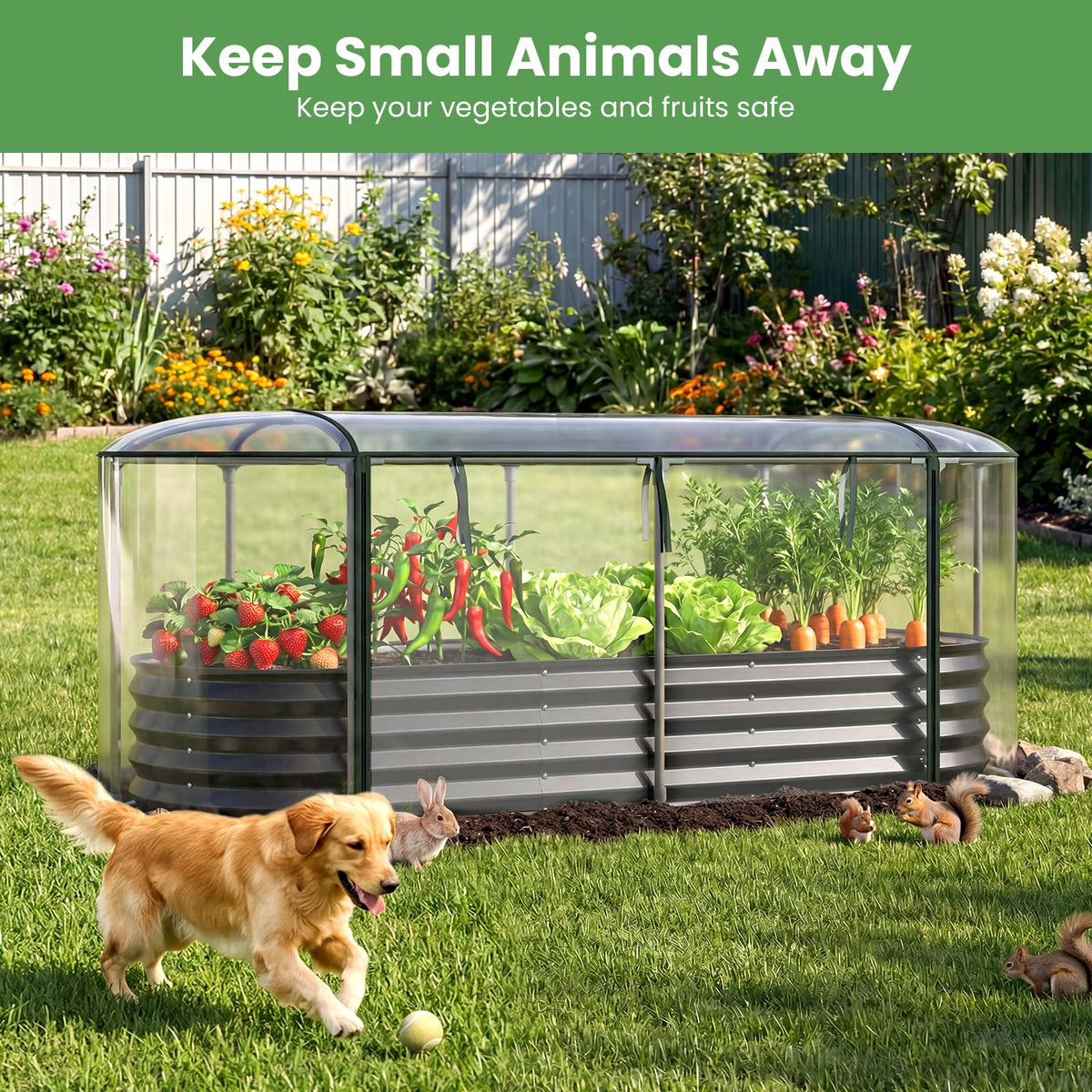 Galvanised Raised Garden Bed with Greenhouse Cover and Roll-up Window