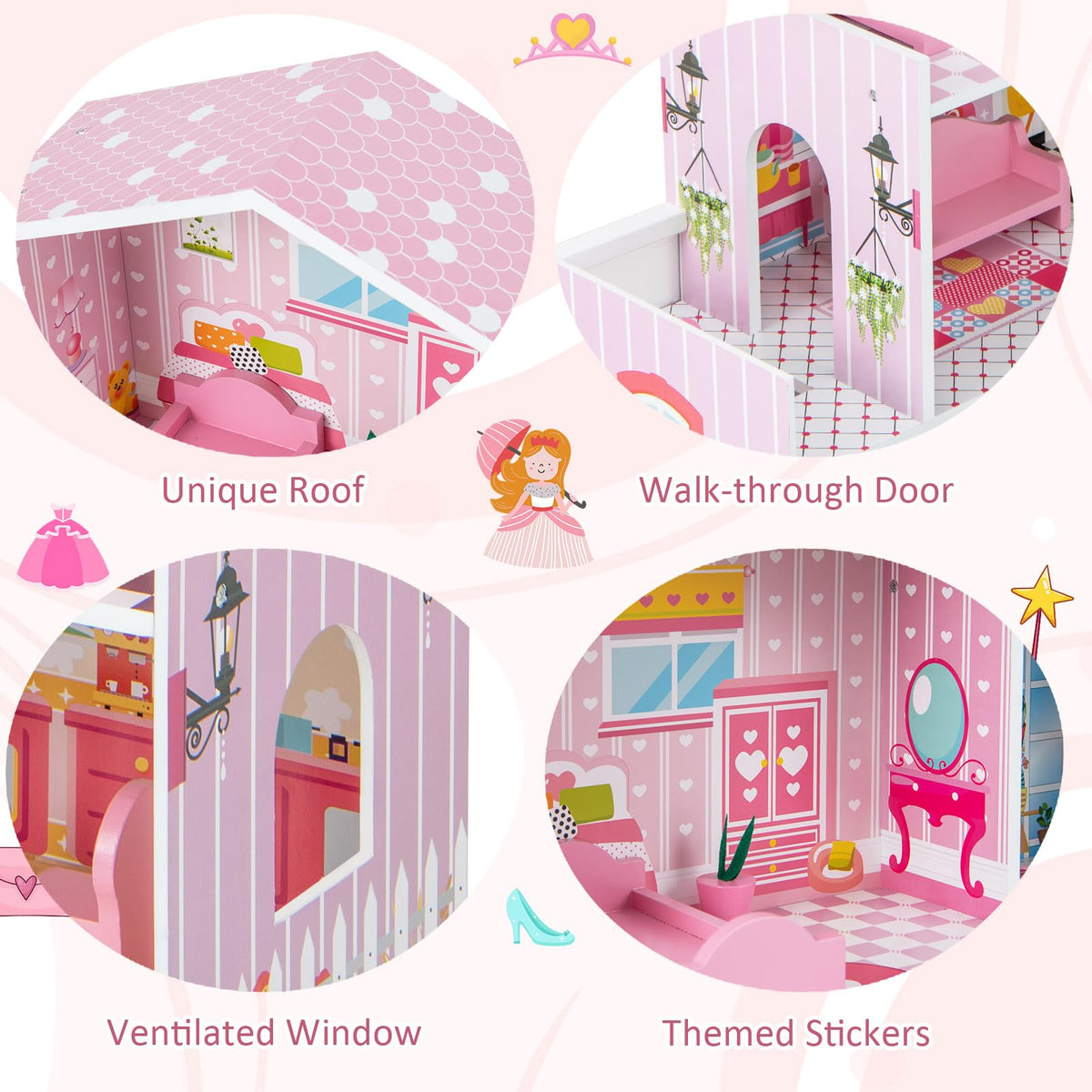 Kids Wooden Dollhouse with 5 Simulated Rooms & 10 Pieces of Furniture