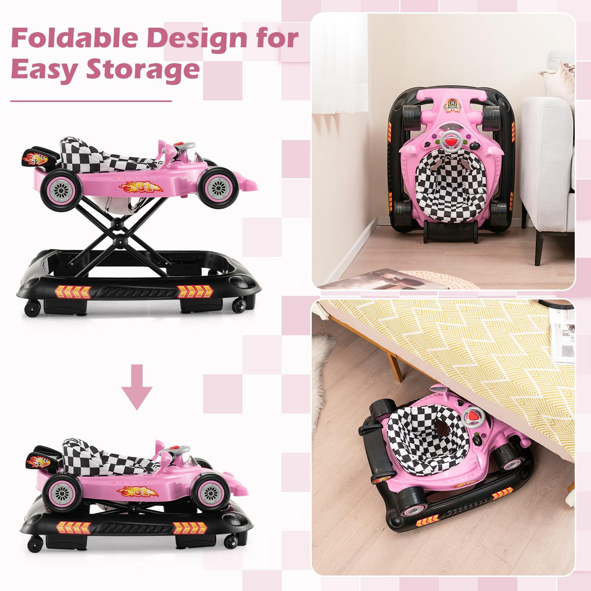 Foldable Baby Walker with 3 Adjustable Height Settings for 7-14 Months Boys Girls