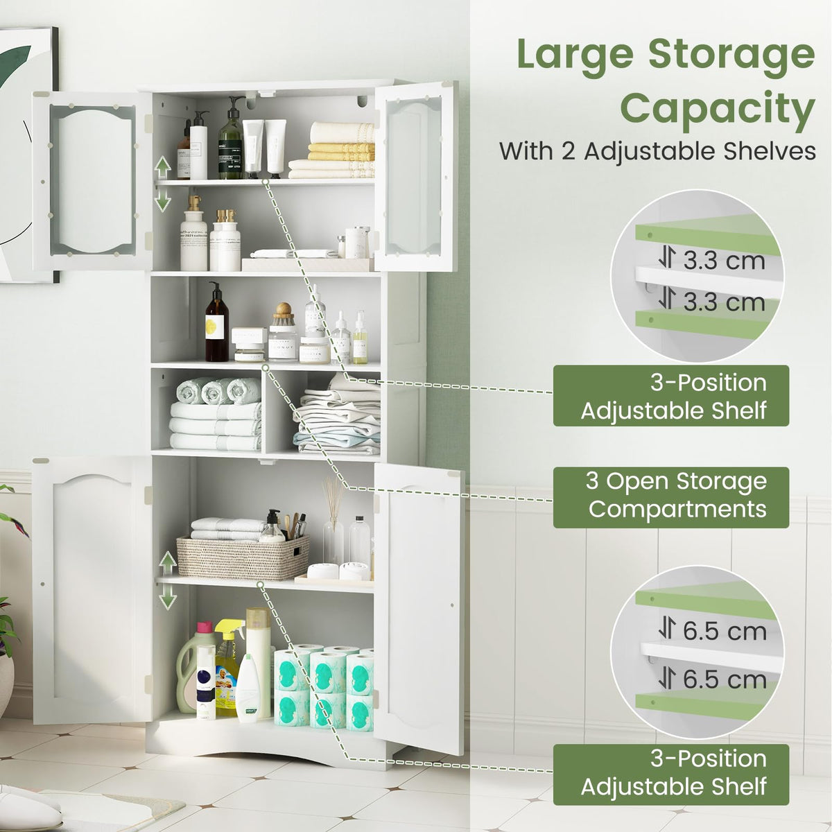 149cm Tall Bathroom Storage Cabinet with Frost Glass Doors and Shelves