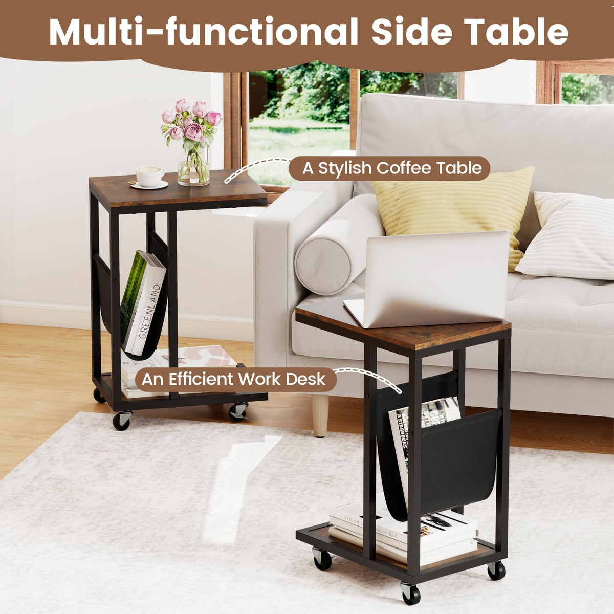 C-Shaped Side Table on Wheels
