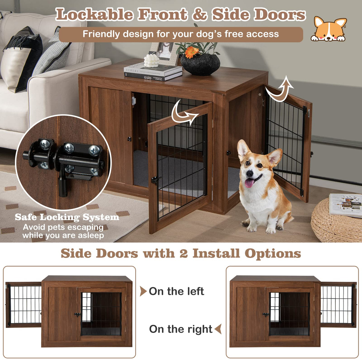 Furniture Dog Crate, Pet Crate End Table w/Cushion, Double Doors, Mesh, Indoor Use Dog Cage House