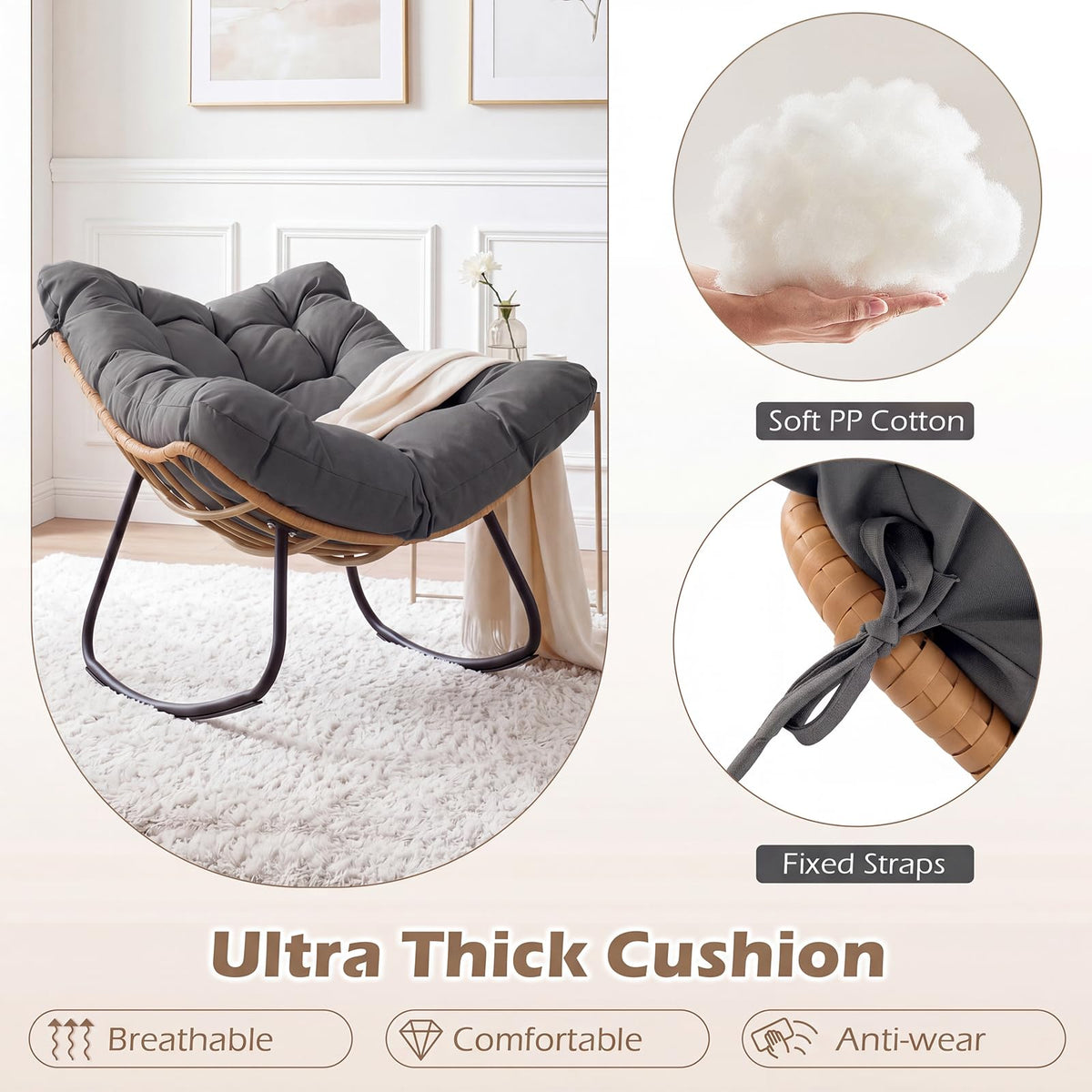 Outdoor Papasan Rocking Chair, Oversized PE Wicker Patio Egg Chair