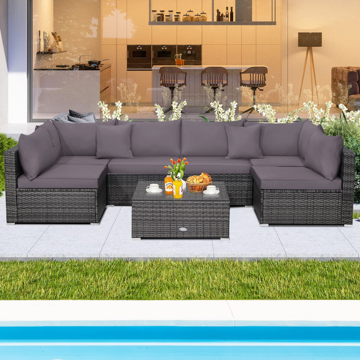 7 Piece Patio Rattan Conversation Set with Seat & Back Cushions for Backyard/Poolside/Balcony