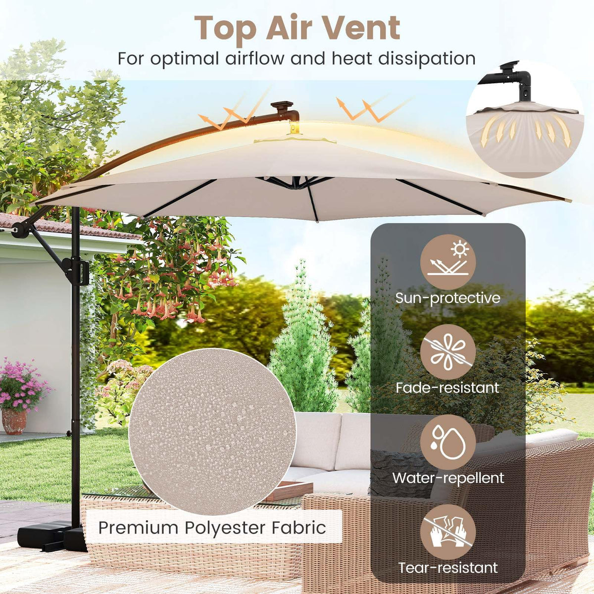 3 m Solar Offset Hanging Umbrella w/Base