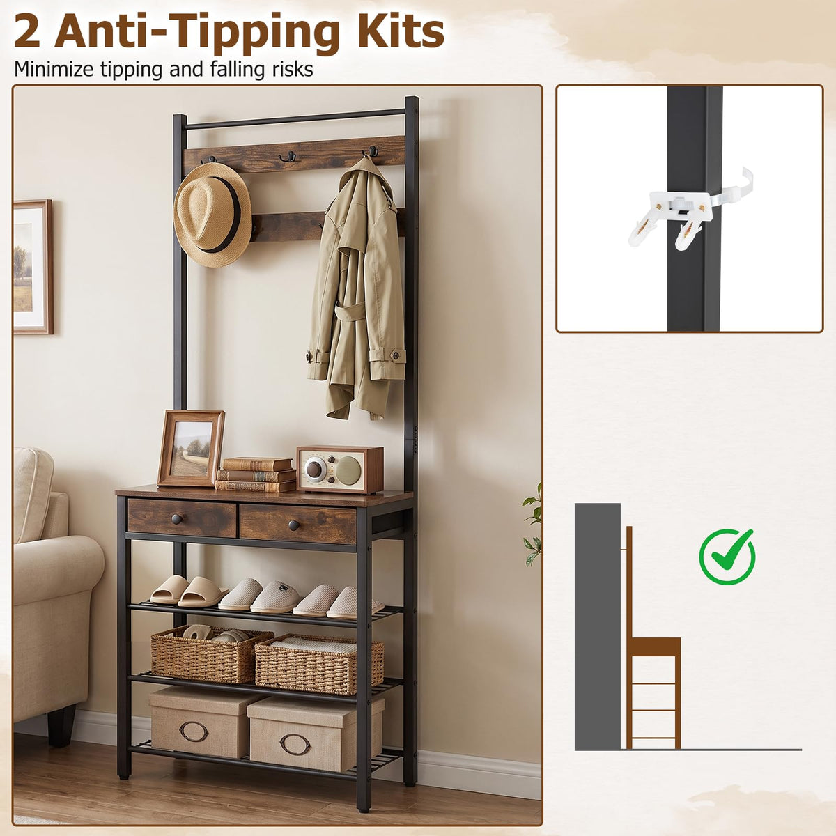 4-In-1 Hall Tree with Console Table and Shoe Rack