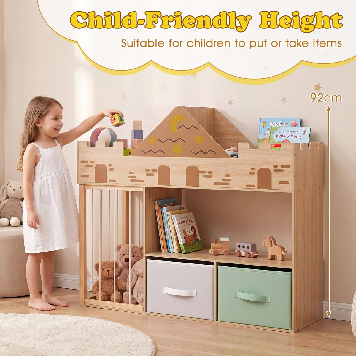 Kids Bookshelf with Stuffed Animal Storage and Fabric Drawers