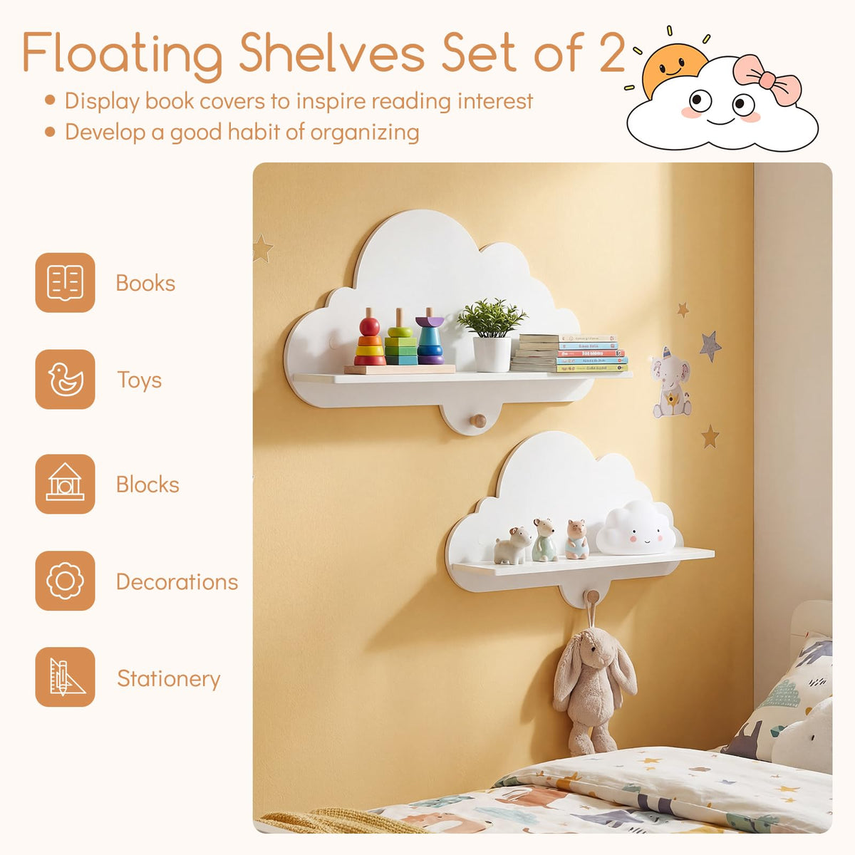 Cloud Shape Wall Shelves with Hooks for Kid Room and Nursery Decor