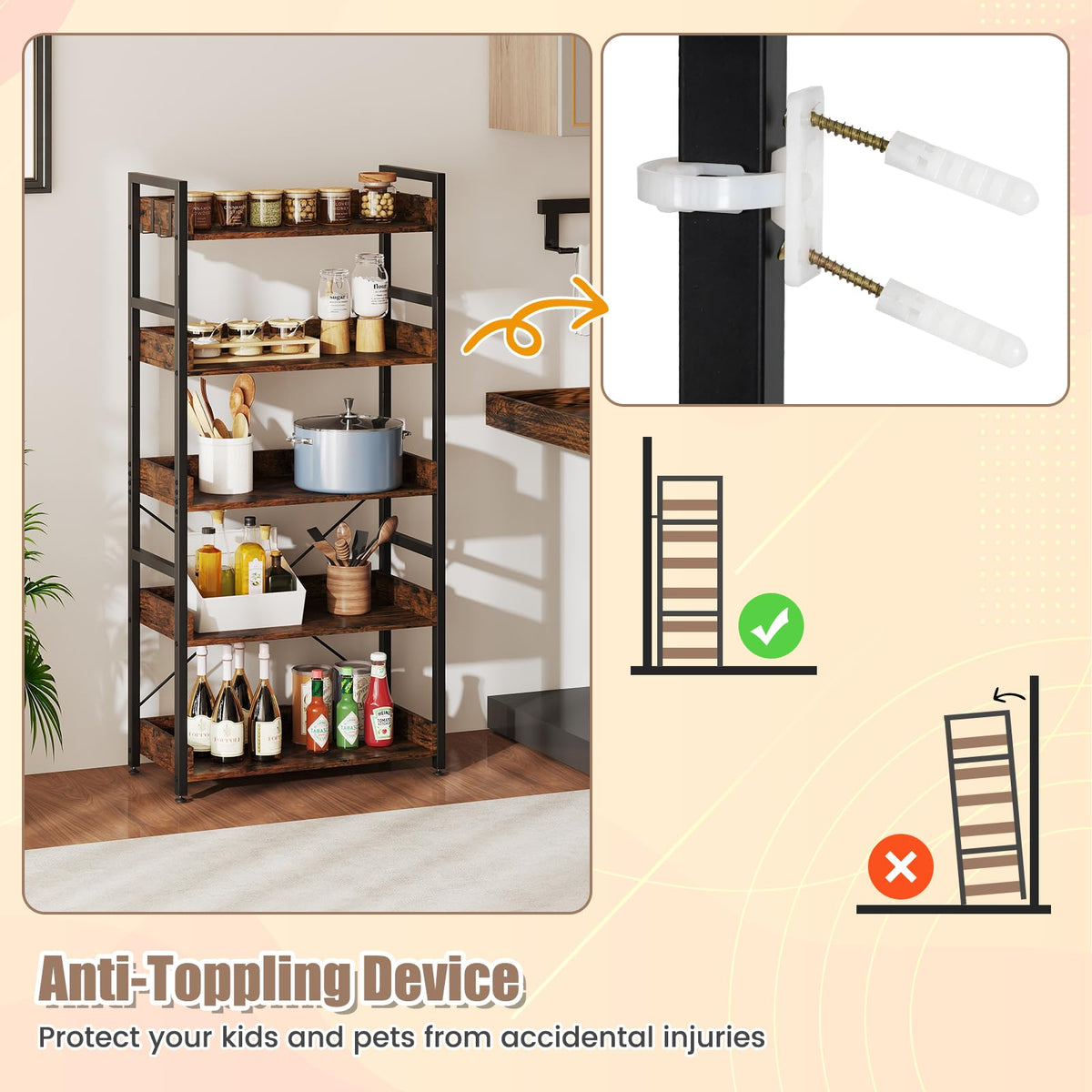 5-Tier Bookshelf,Tall Industrial Bookcase w/Open Shelves & 4 Hooks