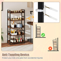 5-Tier Bookshelf,Tall Industrial Bookcase w/Open Shelves & 4 Hooks