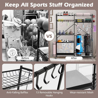 Sports Equipment Organizer for Garage, Metal Ball Storage Rack, Golf Bag Holder with Yoga Mat Holder