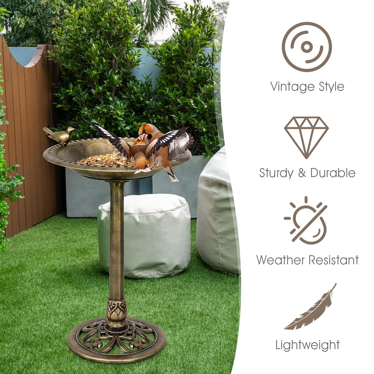 Garden Bird Bath with Sparrow Statue for Courtyard and Lawn