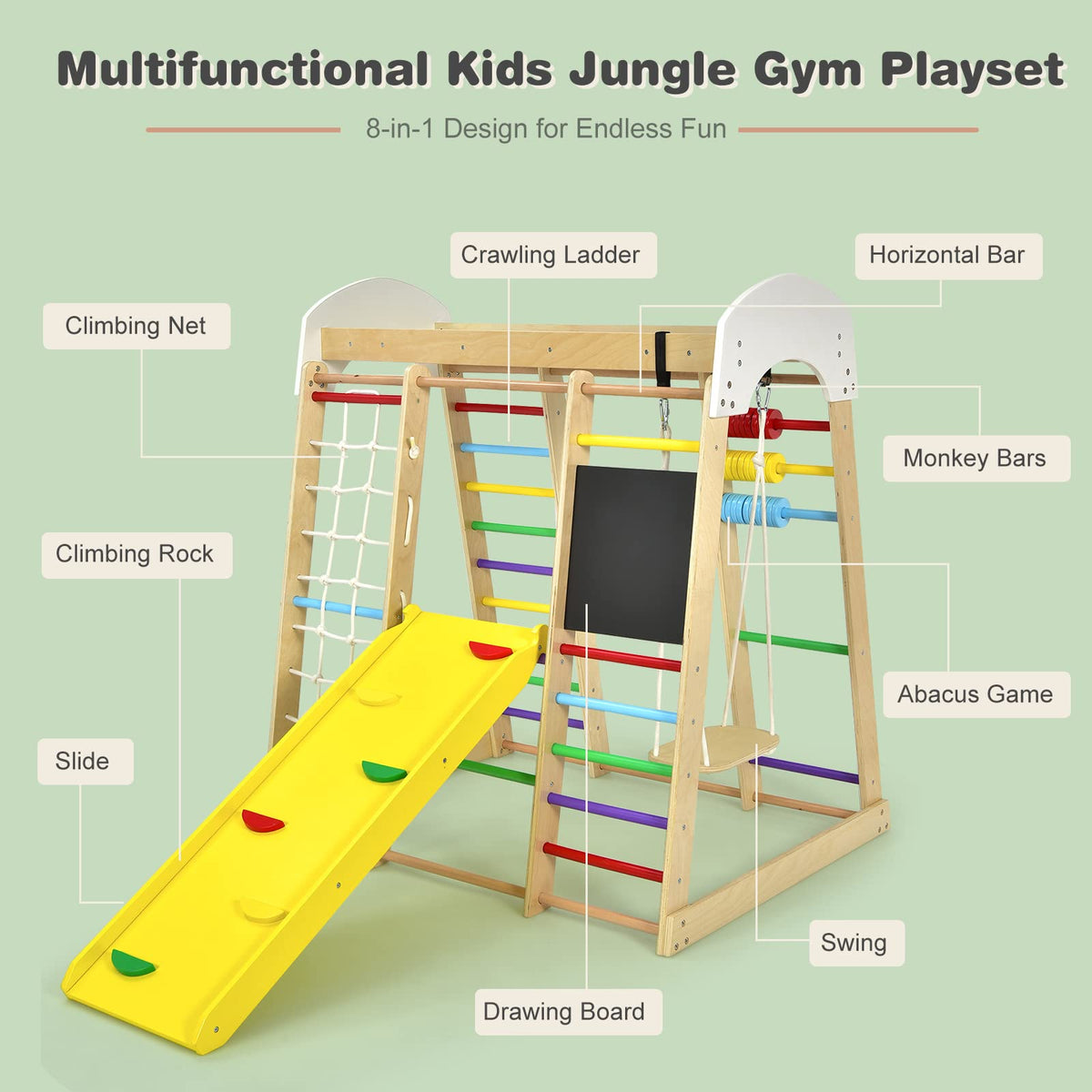 8-in-1 Wooden Climbing Playset with Slide and Drawing Board