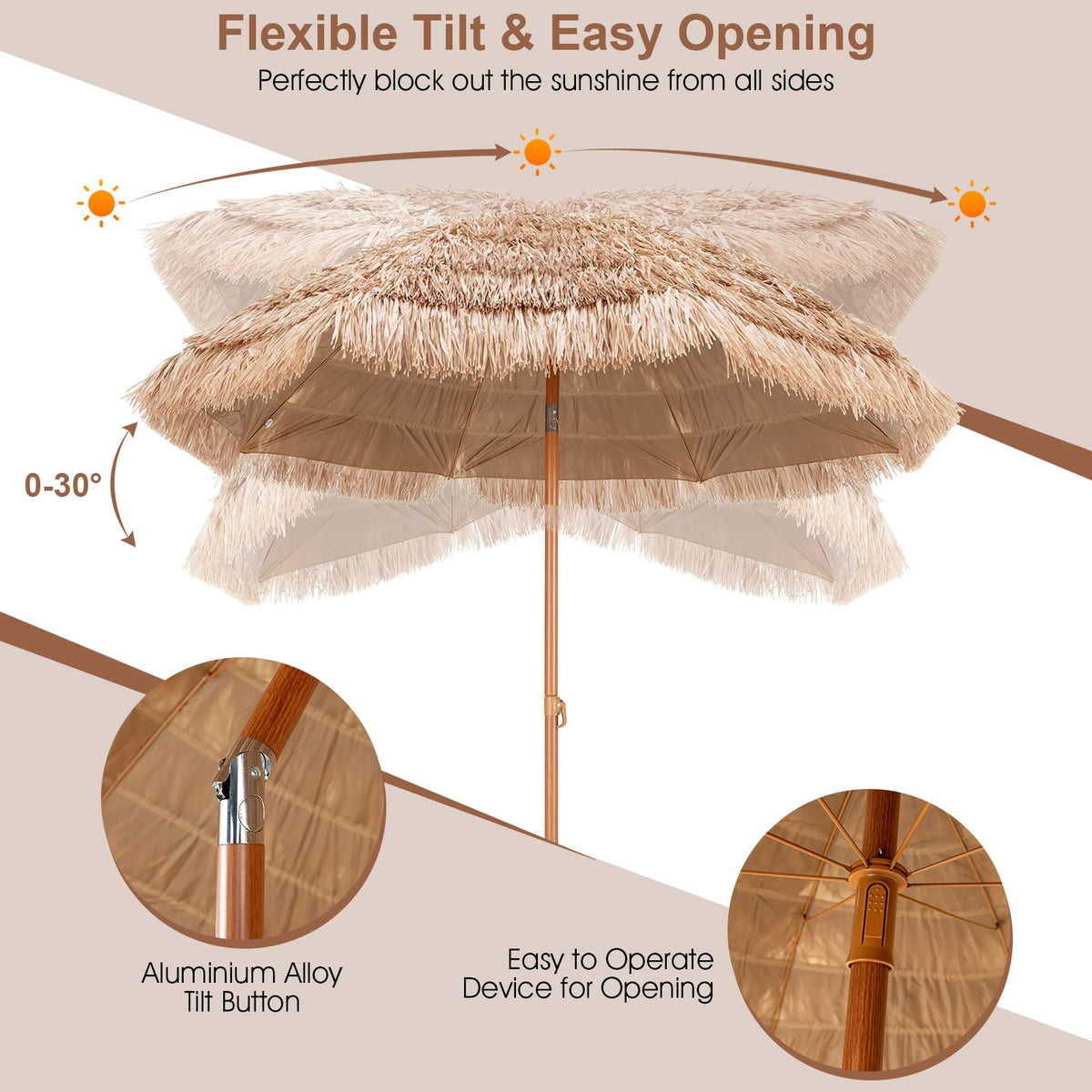 7.2 FT Thatched Tiki Umbrella, Hawaiian Style Hula Beach Umbrella w/Tilt, Tropical Umbrella w/Steel Pole