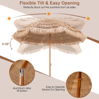 7.2 FT Thatched Tiki Umbrella, Hawaiian Style Hula Beach Umbrella w/Tilt, Tropical Umbrella w/Steel Pole