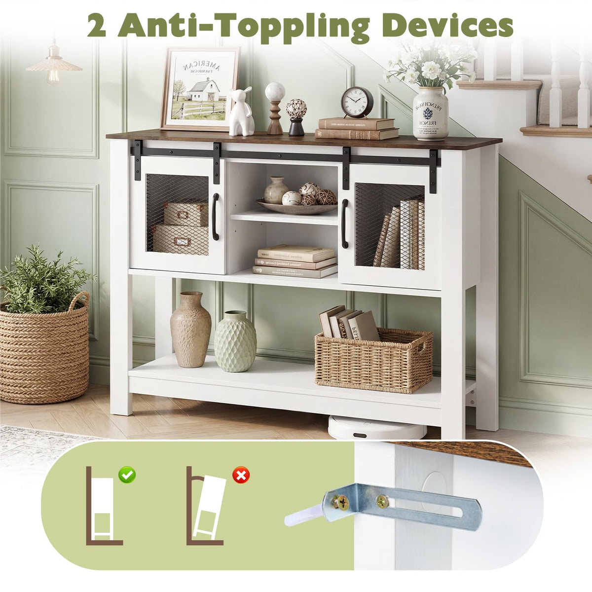 102cm Small Farmhouse Console Table with Adjustable Shelf and 2 Storage Cabinets for Entrance