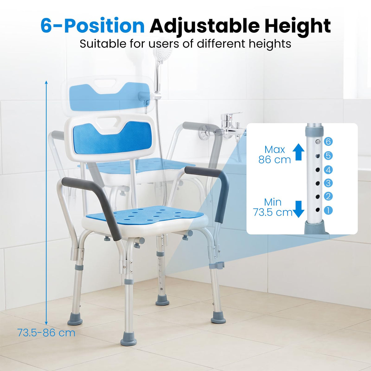 6-PositionAdjustable Height Shower Chair with Back and Arms