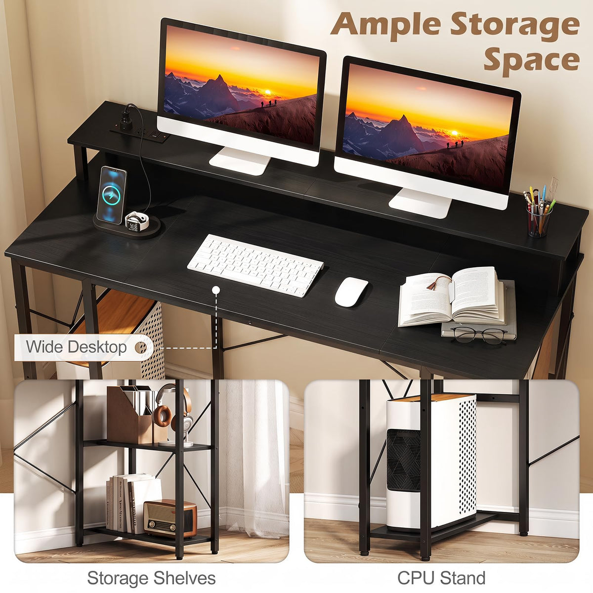 Giantex 120cm Computer Desk with Charging Station and LED Lights