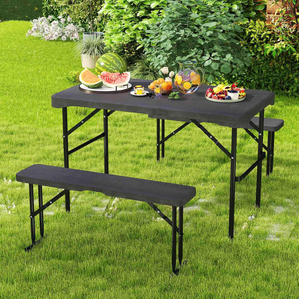 Outdoor Table Bench Set, Folding Picnic Table Set w/ 2 Benches, All-Weather HDPE Tabletop