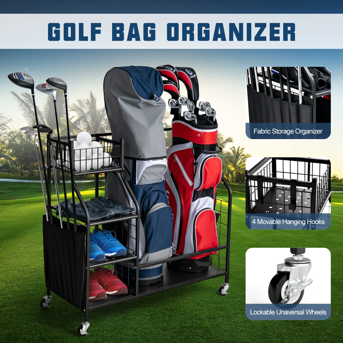 Golf Bag Storage Rack for Garage, Double Golf Bag Organizer w/Lockable Universal Wheels