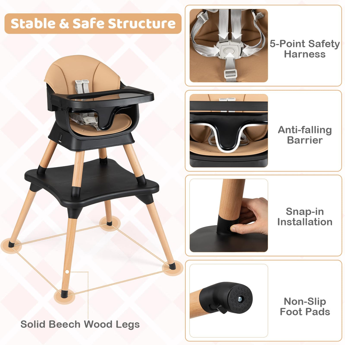 9-in-1 Convertible High Chair with Solid Wood Legs and Removable Dishwasher-Safe Tray