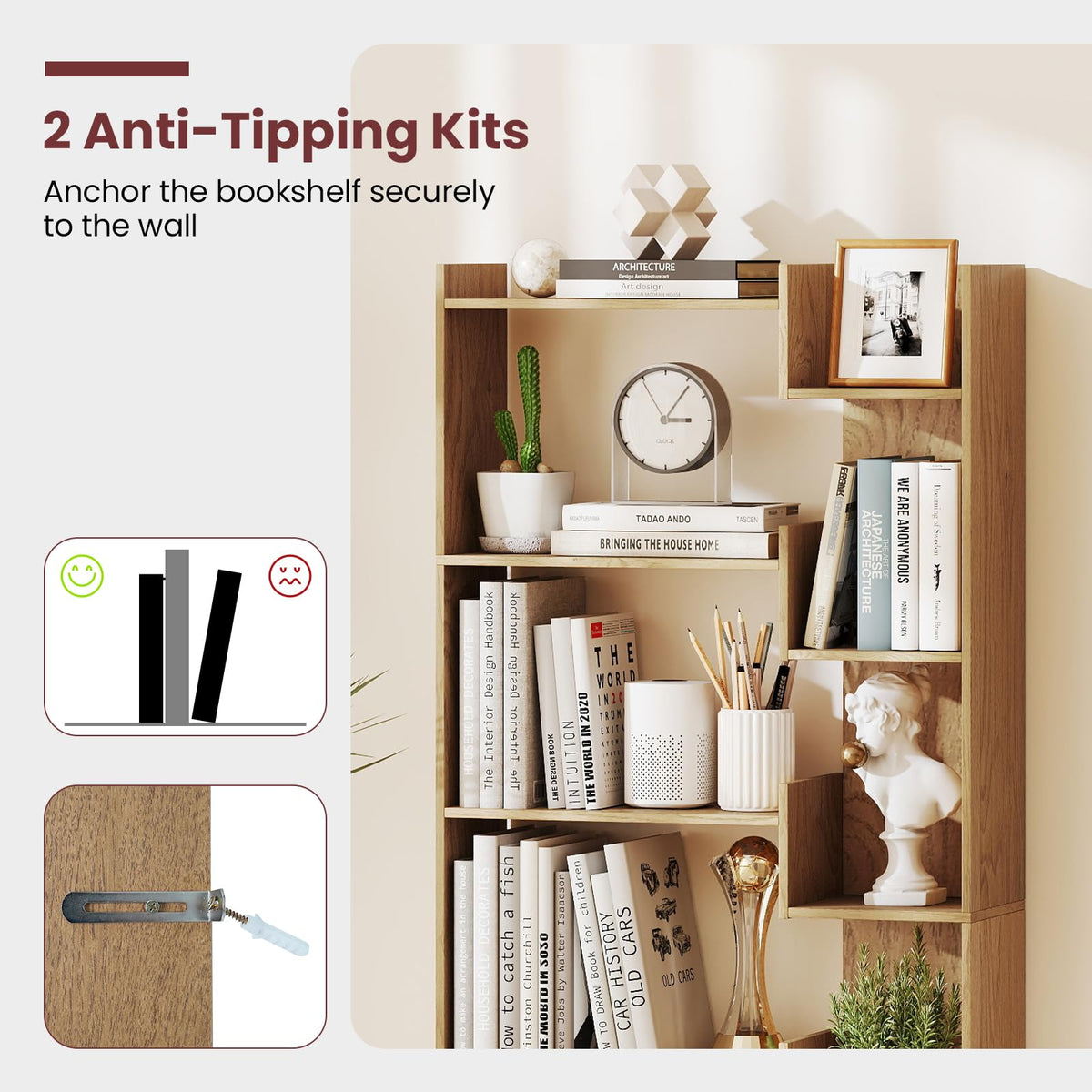 Giantex 6-Tier Bookshelf, Wooden Bookcase with 2 Anti-Tipping Kits