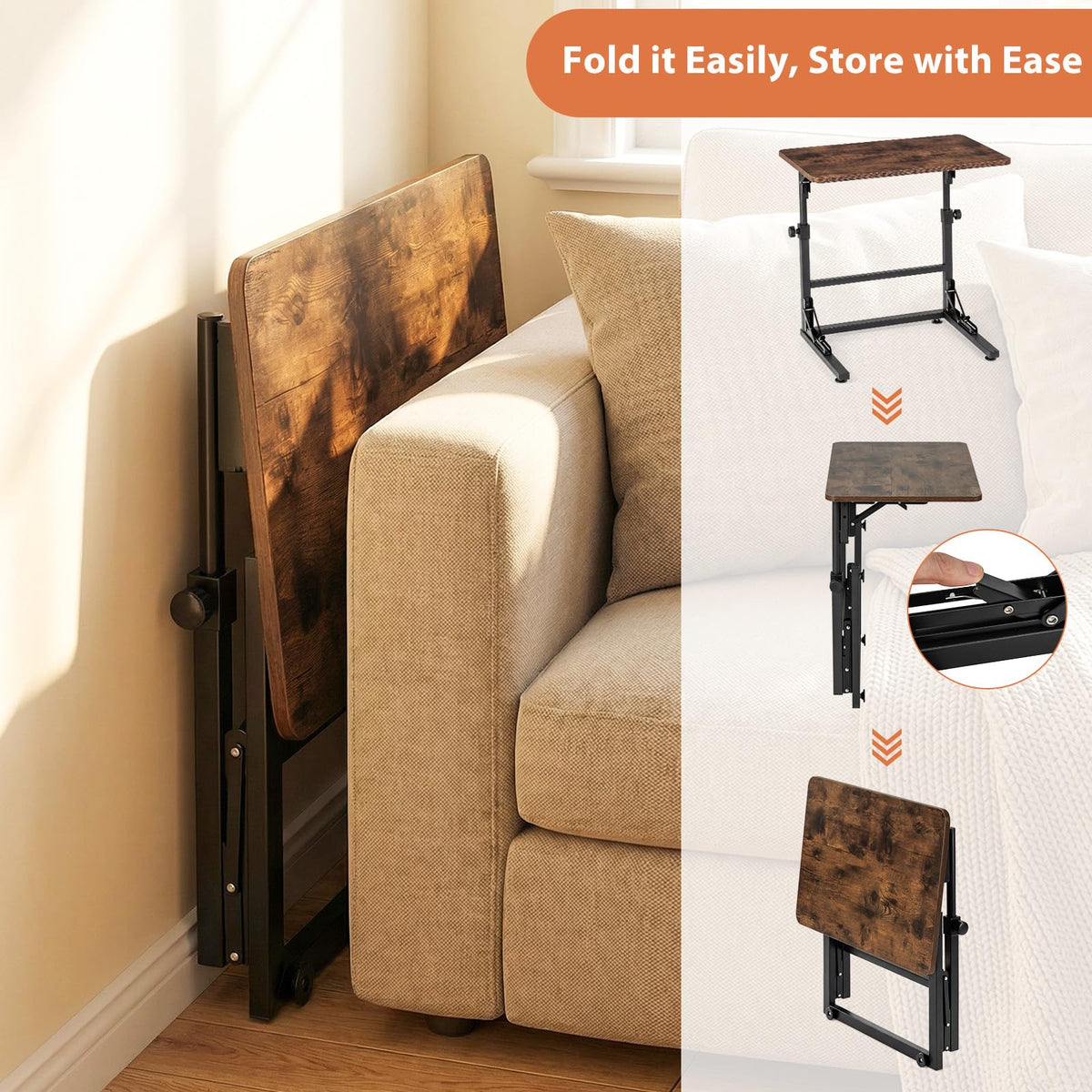 Giantex Folding C-Shaped End Table, Height Adjustable Sofa Side Table
