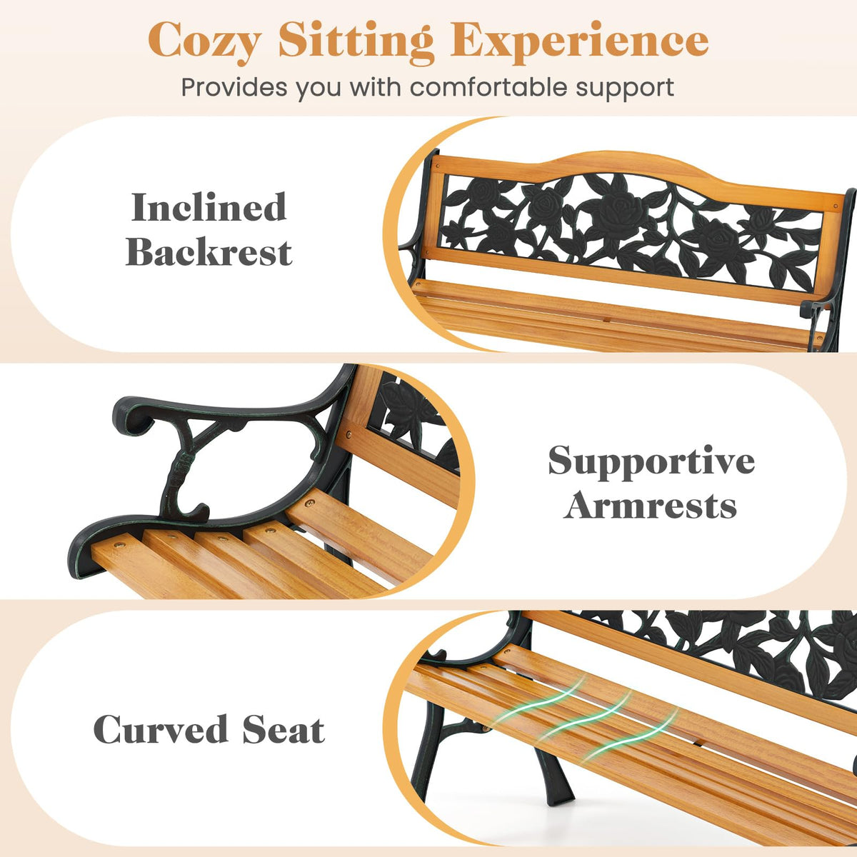Giantex Outdoor Bench with Slatted Seat, Curved Armrests