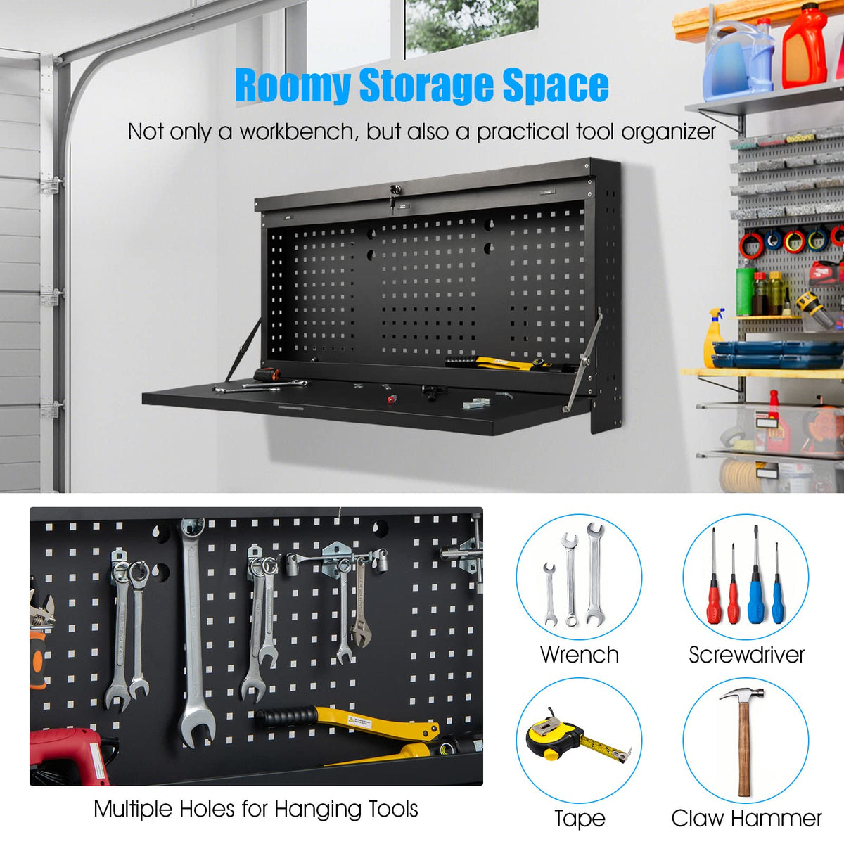2-in-1 Wall Control Pegboard Tool Organizer with Large Tabletop for Garage