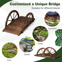 3.3 FT Wooden Garden Bridge, Carbonized Fir Wood Arc Bridge W/Wheel-Shaped Safety Railings