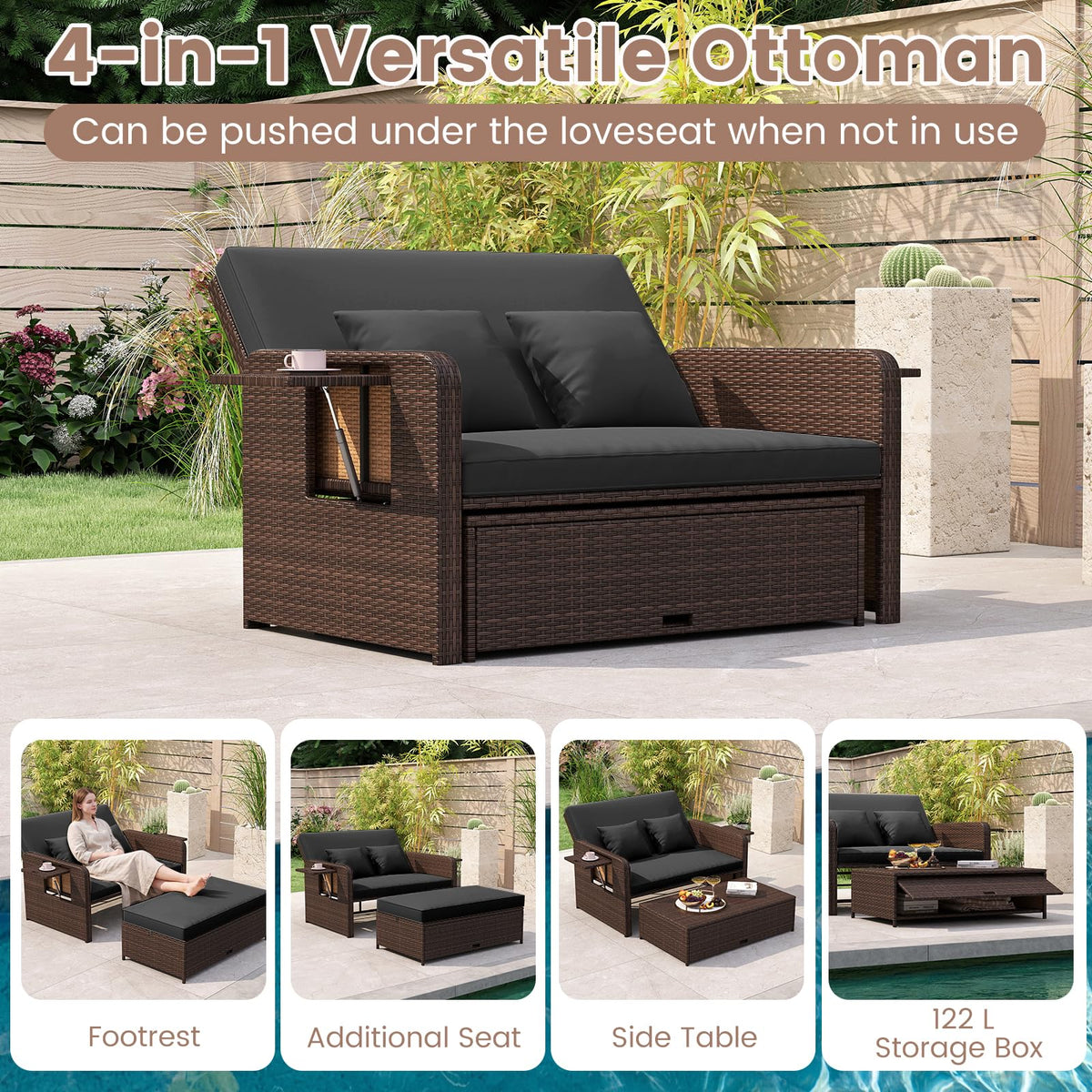 Patio Rattan Daybed, 2-Piece Loveseat & Storage Ottoman Set