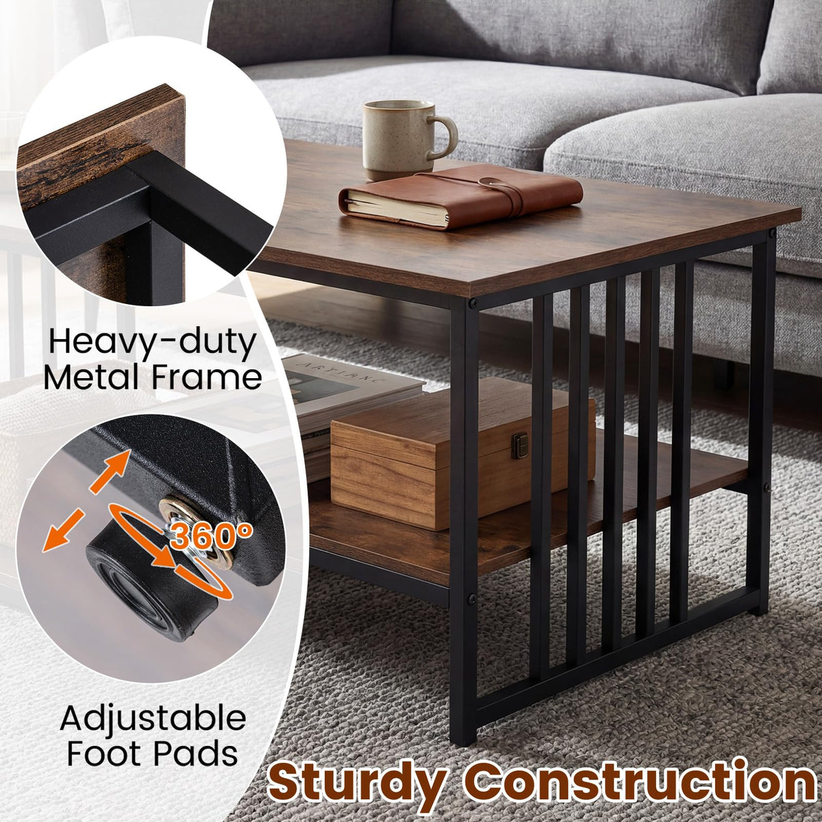 Industrial Coffee Table Rectangular 2-Tier with Open Shelf for Living Room