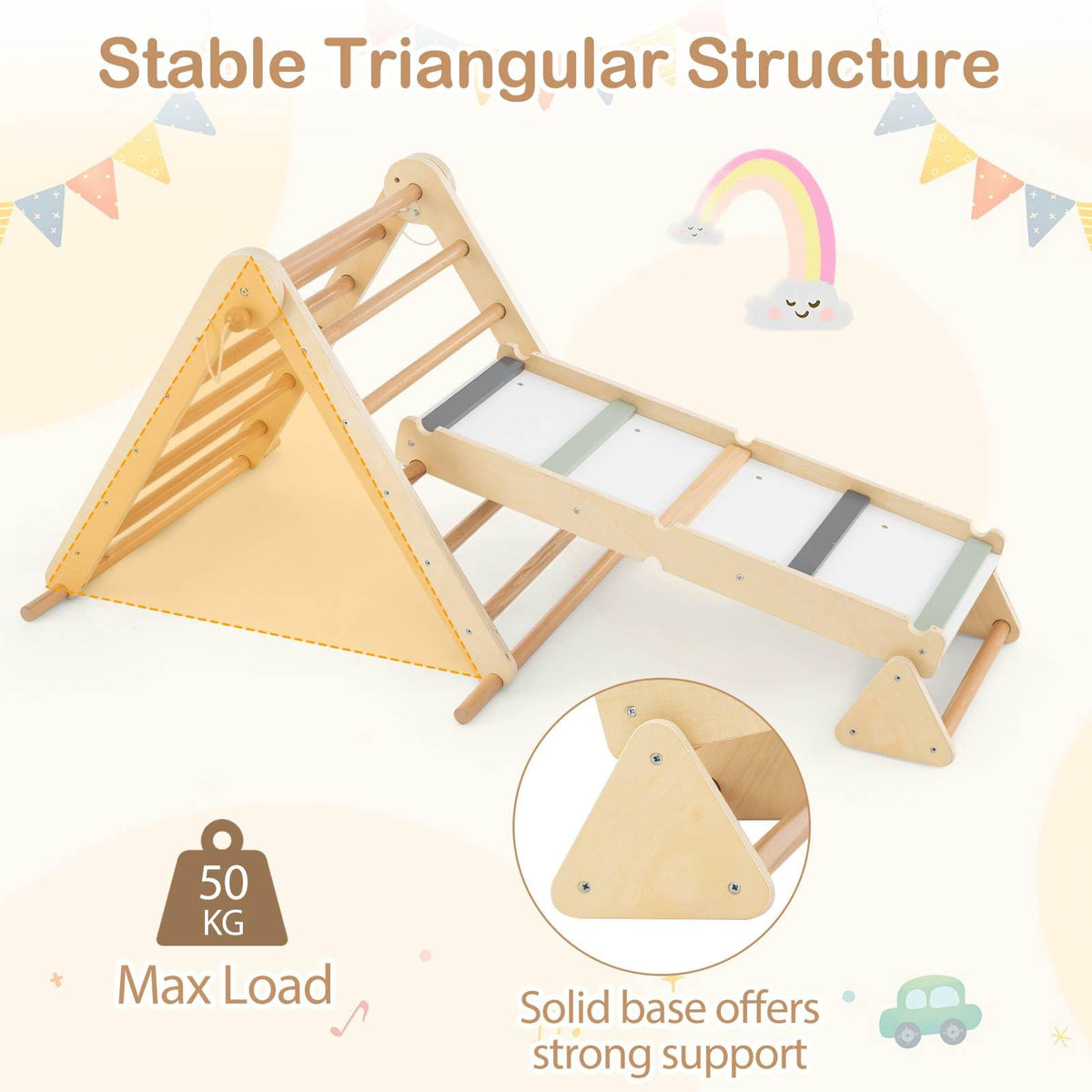 3-in-1 Pikler Triangle Climbing Set with Dual-Side Ramp and Adjustable Climbing Triangle