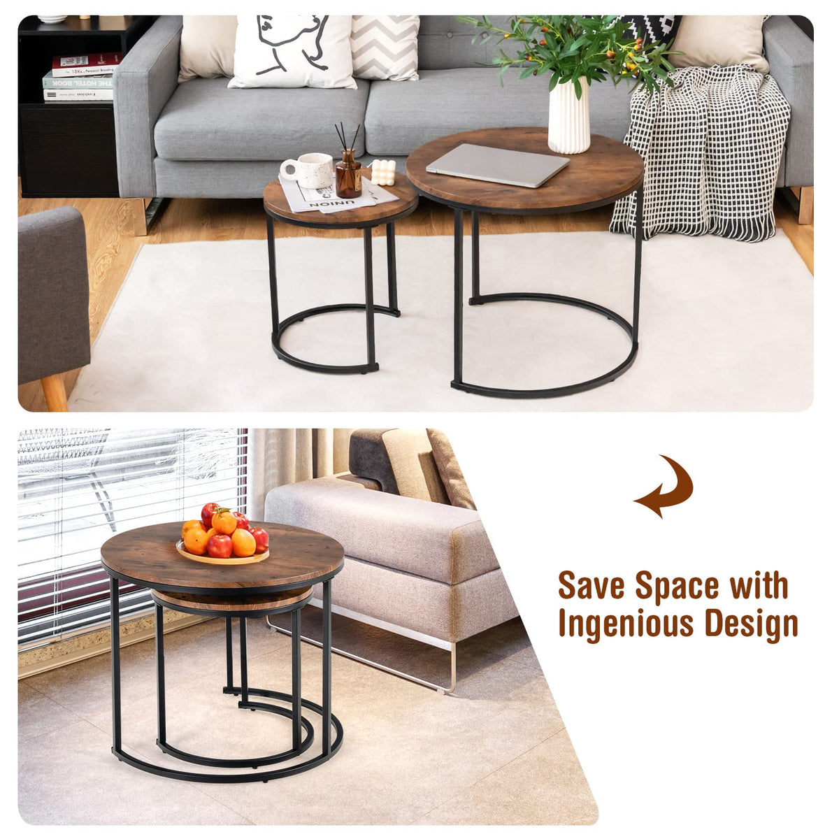 Giantex Set of 2 Round Nesting Coffee Table, Compact Stacking Side Tables w/ Wooden Tabletop & Powder-coated Steel Frame