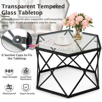 Giantex Geometric Glass Coffee Table, Hexagonal Central Table w/Tempered Glass Top & Metal Frame