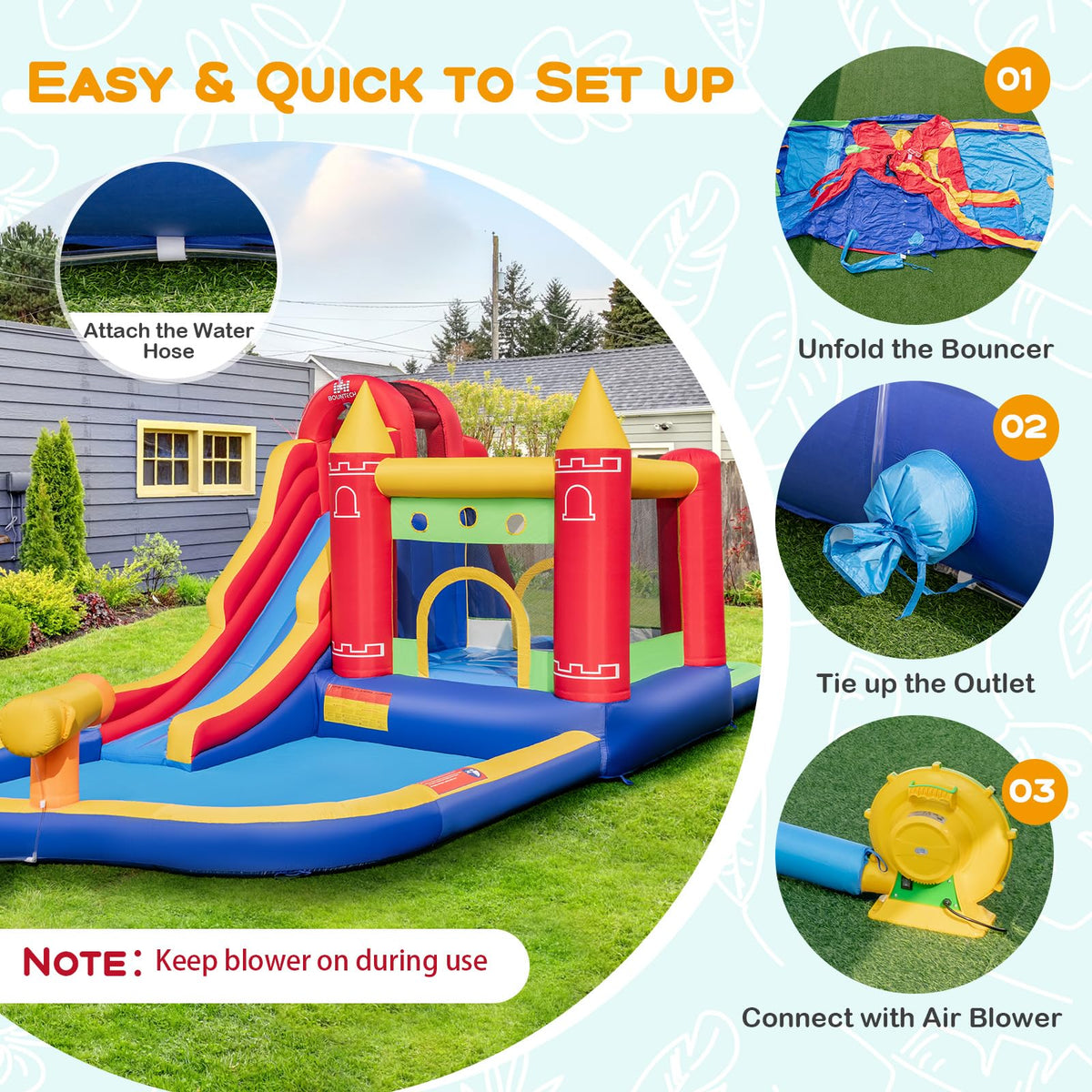 9-in-1 Inflatable Bounce Castle with Waterslide for 3+ (with 680W Blower)
