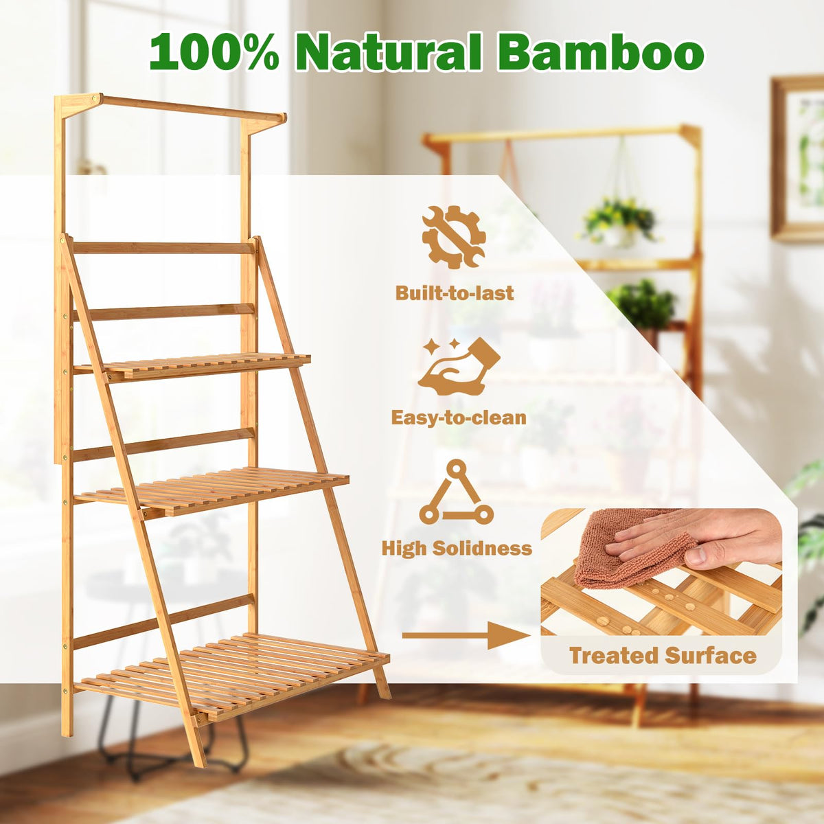 3 Tier Bamboo Ladder Plant Pot Stand with Height Adjustable Hanger Rod