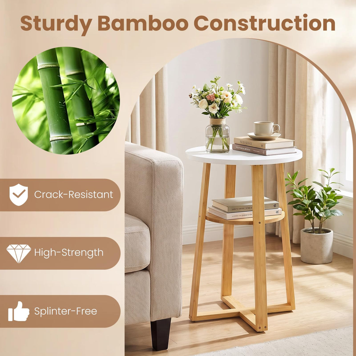 Giantex Round Side Table Set of 2 with Lower Shelf, Solid Bamboo Frame